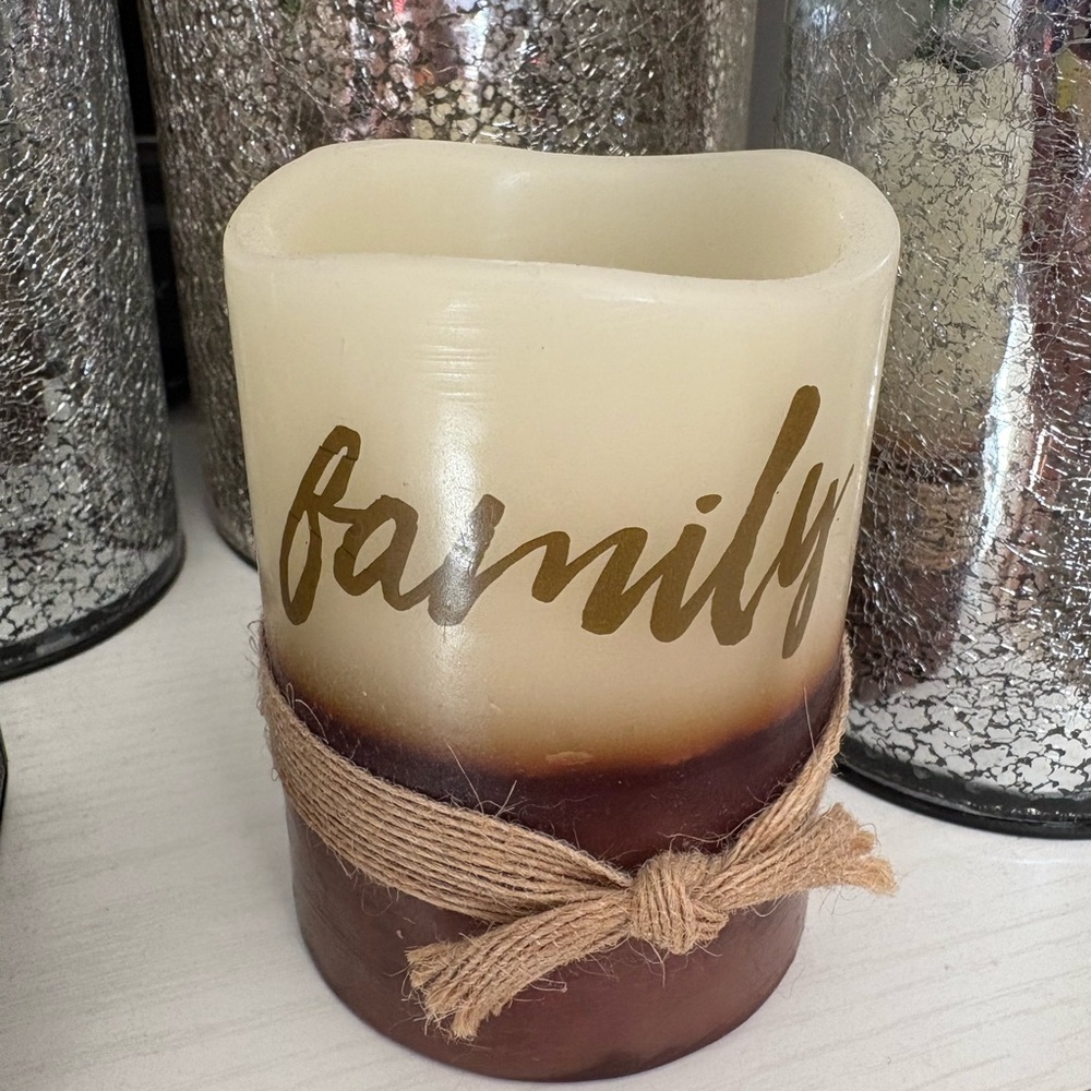 Rustic Cream and Brown Candle with 'Family' Inscription